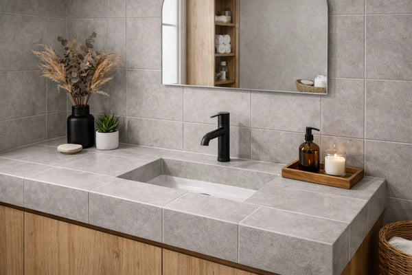 Grey bathroom countertop with visible tiles and joints, integrated sink and recessed black faucet.