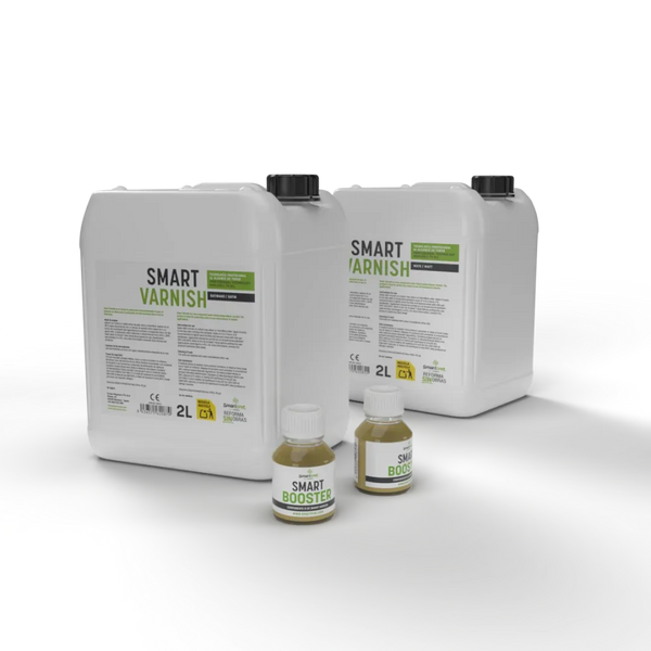 Garrafas de Smart Varnish de 2 litros y aditivo Smart Booster para sellado y protección del microcemento