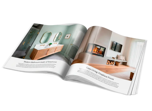 Catálogo de inspiración Smartcret abierto con ejemplos de reformas sin obras con microcemento en baño y salón.