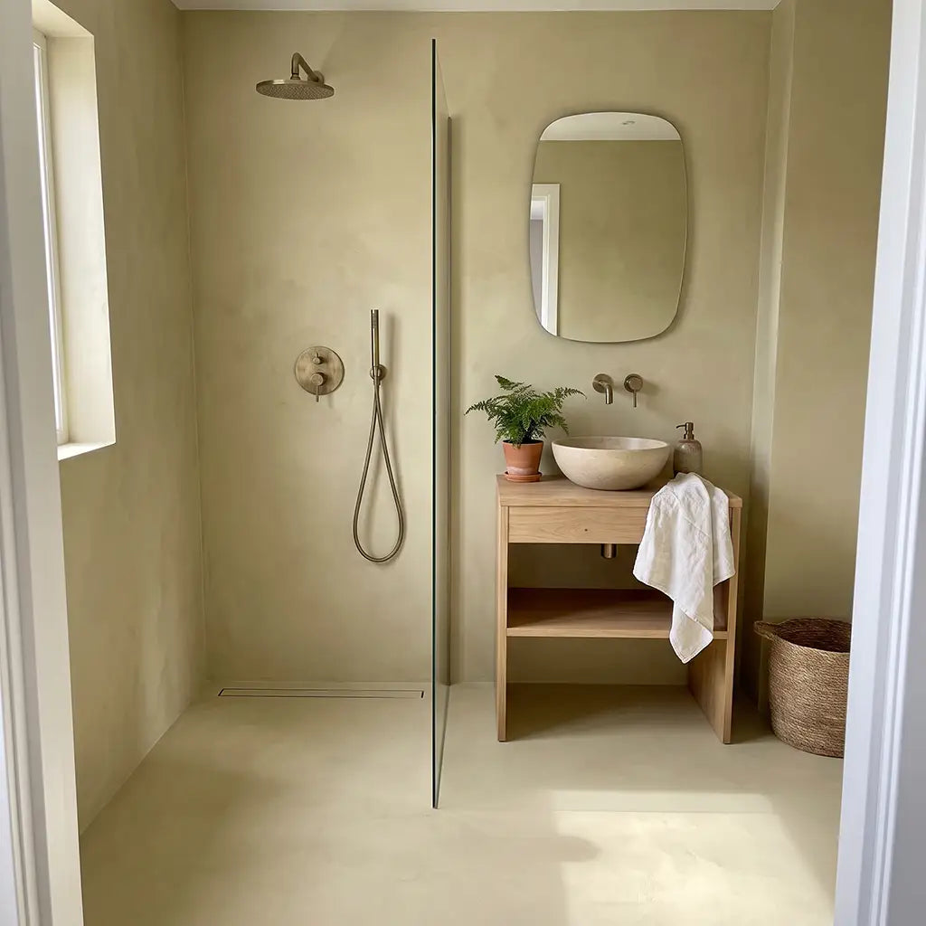 Microcement shower in Wasabi colour, Smartcret bathroom kit