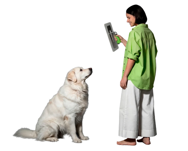 Woman holding the trowel for Smartcret ready-to-use microcement next to a dog.