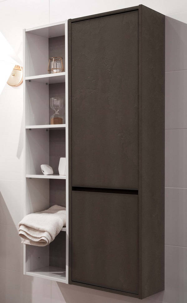 Microcement bathroom cabinet next to shelves