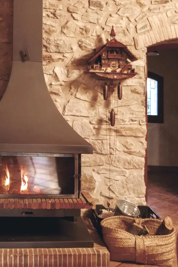 Sala de estar con chimenea con revestimiento de pared en piedra