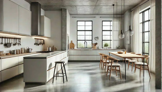 Cocina moderna y luminosa con suelo continuo de microcemento y mobiliario de madera natural.