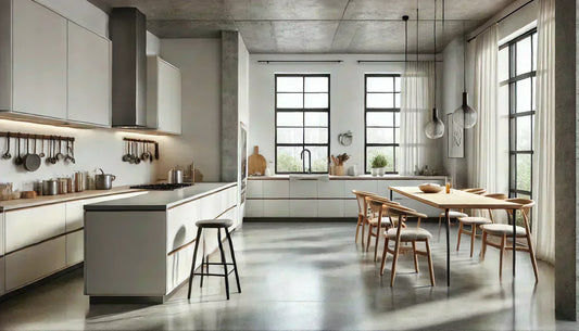 Cocina moderna y luminosa con suelo continuo de microcemento y mobiliario de madera natural.