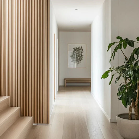 Revestimiento de pared con paneles de madera en pasillo.