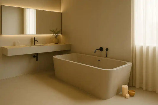Bañera de obra revestida con microcemento en un baño de estilo lujoso