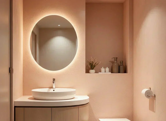 Baño pequeño con microcemento color coral y espejo retroiluminado.