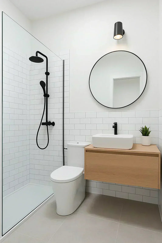 Baño reformado sin obras con los azulejos pintados de blanco, ducha con mampara y mueble de madera