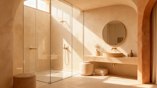 Ducha de microcemento con paredes y plato continuo en un baño de estilo mediterráneo.