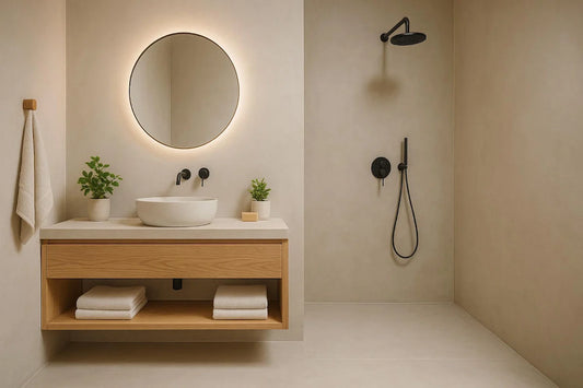 Baño con ducha a ras de suelo revestida en microcemento beige, diseño moderno y cálido.