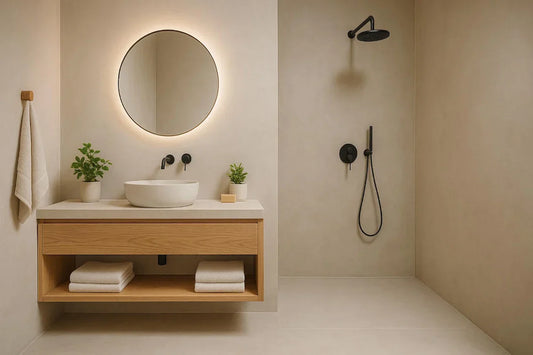 Baño con ducha a ras de suelo revestida en microcemento beige, diseño moderno y cálido.
