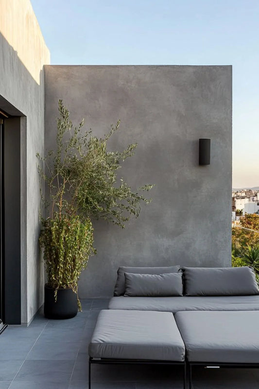 Terraza exterior con pared revestida de microcemento gris, tumbonas y olivo en maceta