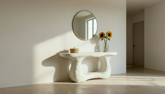 Recibidor amplio con pared revestida de microcemento blanco, mesa de diseño orgánico y jarrón con girasoles.