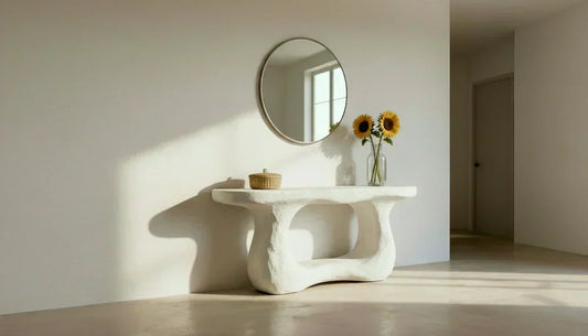 Recibidor amplio con pared revestida de microcemento blanco, mesa de diseño orgánico y jarrón con girasoles.