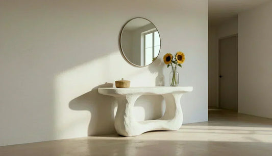 Recibidor amplio con pared revestida de microcemento blanco, mesa de diseño orgánico y jarrón con girasoles.