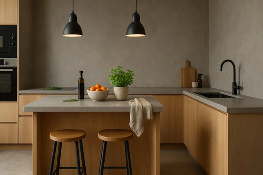 Cocina de microcemento moderna con encimera y paredes en acabado continuo
