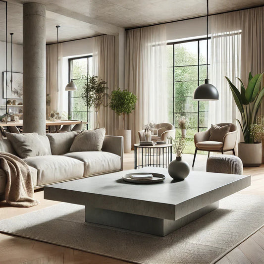 Salón comedor moderno y luminoso decorado con muebles de microcemento en tonos neutros.