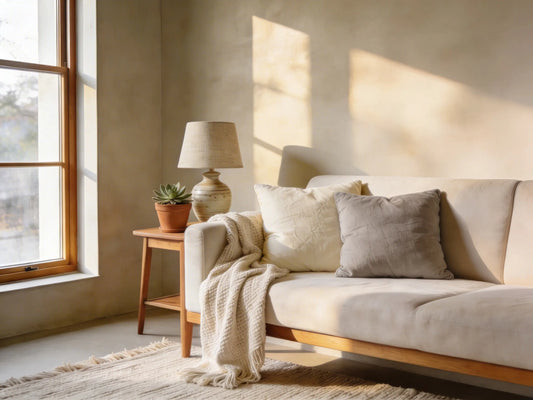Salón con pared de microcemento en tono claro iluminada por luz natural junto a la ventana.