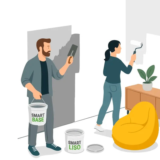 Illustration de distributeurs Smartcret montrant l’application du béton ciré pour des rénovations DIY.