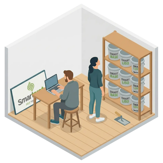 Illustration de distributeurs Smartcret gérant le stock de béton ciré et d’autres produits pour des rénovations DIY.