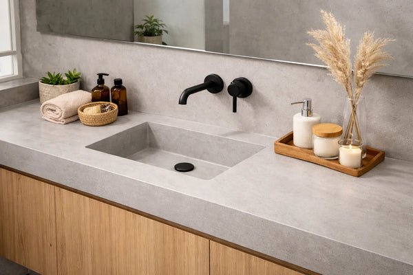Bathroom countertop covered with light gray microcement, with integrated sink and black taps recessed into the wall, accompanied by decorative accessories in wood and natural fibers.