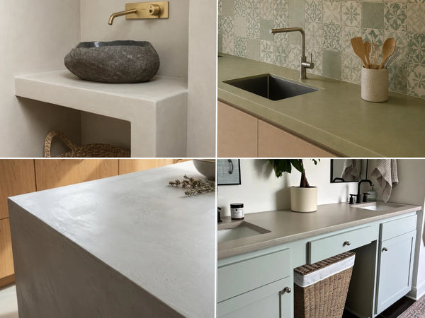 Encimera de baño gris con azulejos y juntas visibles, lavabo integrado y grifería negra empotrada.