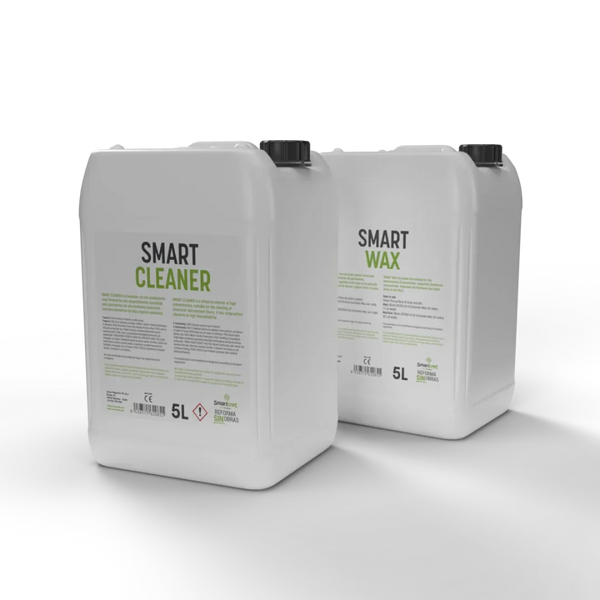 Garrafas de Smart Cleaner y Smart Wax de 5 litros para limpieza y mantenimiento de superficies de microcemento