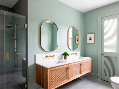 Salle de bains d’une maison rurale avec des murs carrelés revêtus avec le kit de béton ciré couleur MOSS de Smartcret, qui apporte fraîcheur et un aspect naturel.