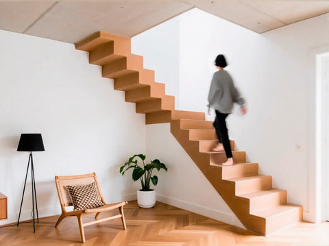 Escalier intérieur en béton ciré couleur SALMON, revêtu avec le kit de béton ciré prêt à l’emploi de Smartcret qui ajoute une touche chaleureuse et rustique.