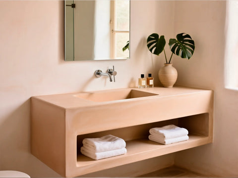 Lavabo flottant en béton ciré couleur INDIA avec plan vasque intégré, style japandi, réalisé avec le kit de béton ciré prêt à l’emploi de Smartcret.