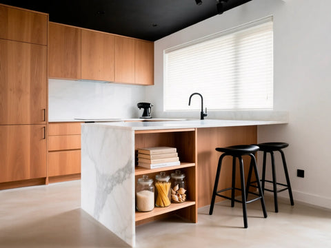 Cuisine sophistiquée avec un sol en béton ciré couleur SPIKE, une teinte neutre qui agrandit visuellement l’espace et apporte élégance et sophistication.