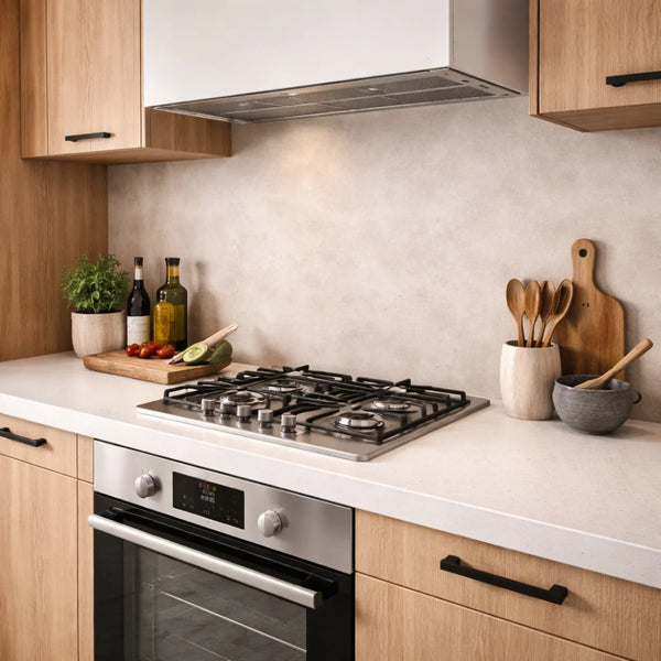 Cocina con paredes tipo azulejo en acabado microcemento beige, encimera blanca y muebles de madera natural.