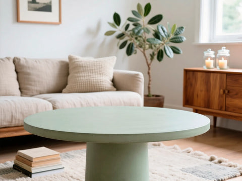 Mesa de microcemento redonda color WASABI que aporta un toque natural al salón, realizada con el kit de microcemento listo al uso de Smartcret.