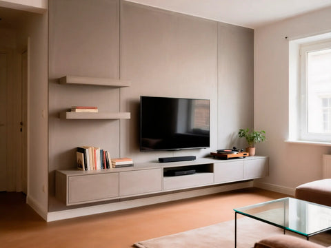 Mobile TV di design rivestito con il kit di microcemento pronto all’uso di Smartcret in colore SPIKE.
