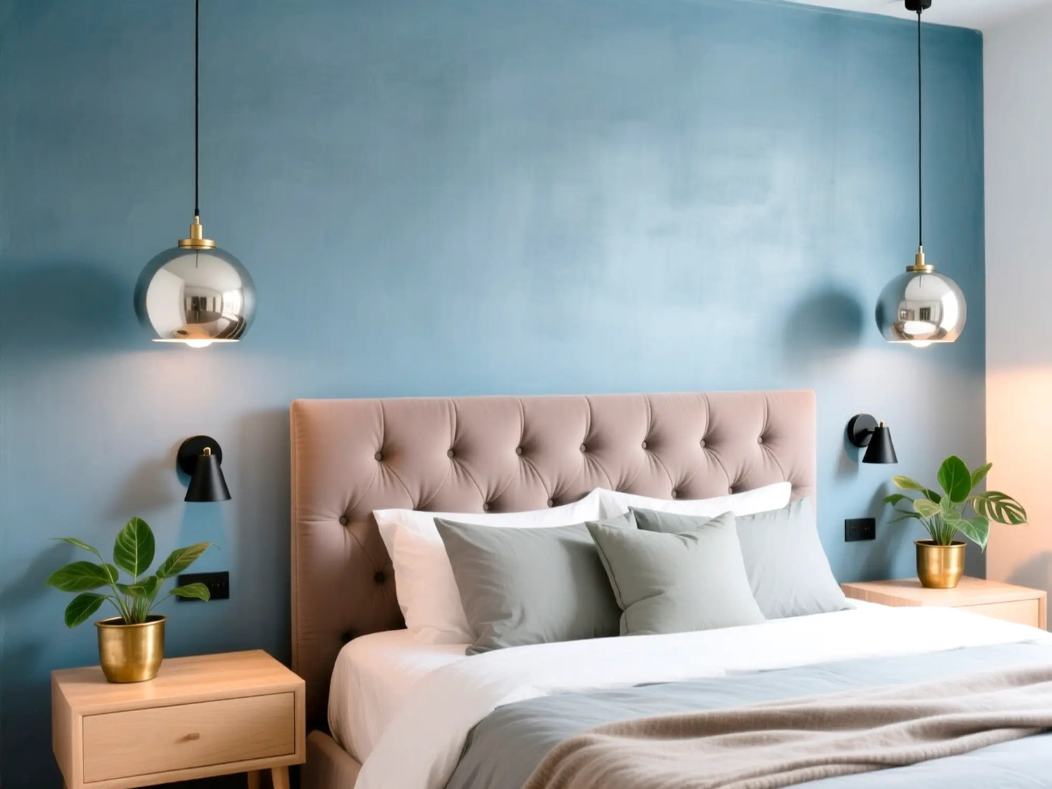 Dormitorio luminoso y relajante con pared acento decorada con el kit de microcemento de Smartcret en color BREEZE.