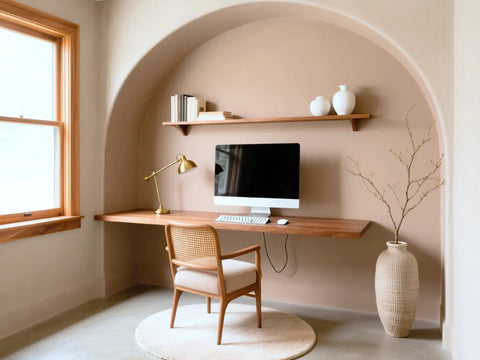 Oficina en casa con paredes decoradas con el kit de microcemento color BONE. Un oasis de inspiración y relax.