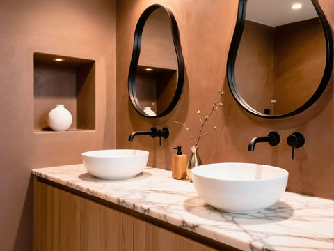 Bagno accogliente in stile rustico con pareti del bagno in microcemento colore CAFÉ, realizzato con il kit di microcemento pronto all’uso di Smartcret.