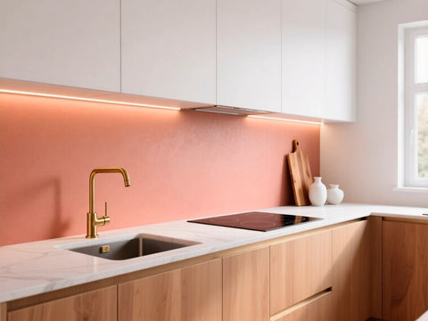 Parete frontale della cucina rivestita con il kit di microcemento colore BLUSH di Smartcret, che valorizza il calore dei mobili in legno e crea un’atmosfera accogliente.