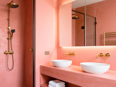 Piano bagno moderno in microcemento colore CORAL, rivestito con il kit di microcemento pronto all’uso di Smartcret.
