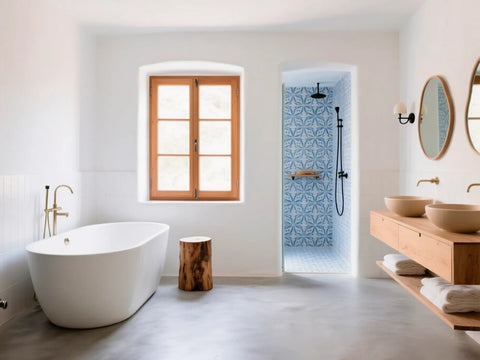 Baño luminoso con suelo de microcemento color UNIVERSE, realizado con el kit de microcemento listo al uso de Smartcret.