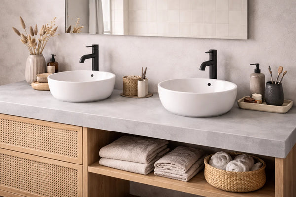 Mujer sosteniendo un cubo de Smart Base, producto incluido en algunos de los kits de microcemento Smartcret.