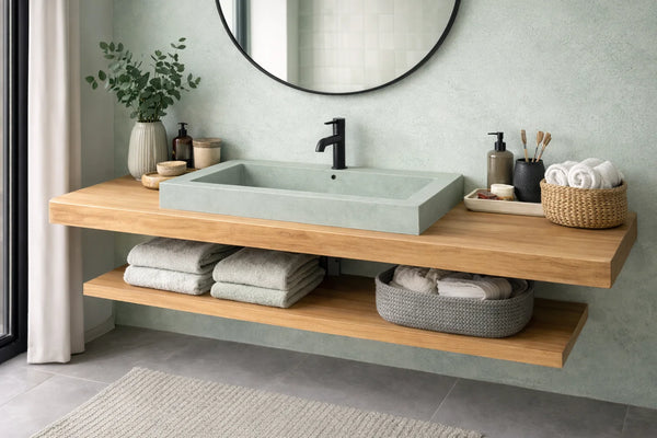 Mujer sosteniendo un cubo de Smart Base, producto incluido en algunos de los kits de microcemento Smartcret.