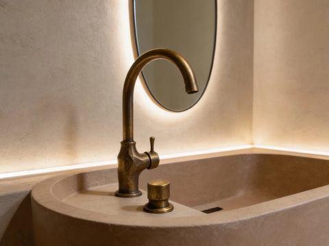 Lavabo de microcemento en color Café con seno integrado y grifería en acabado bronce.