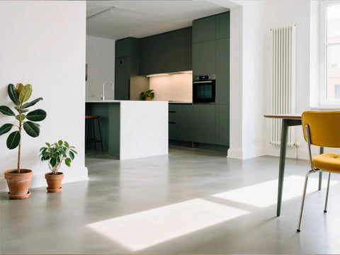 Bright dining room with microcement floor in PAPYRUS color, applied with Smartcret’s microcement kit.