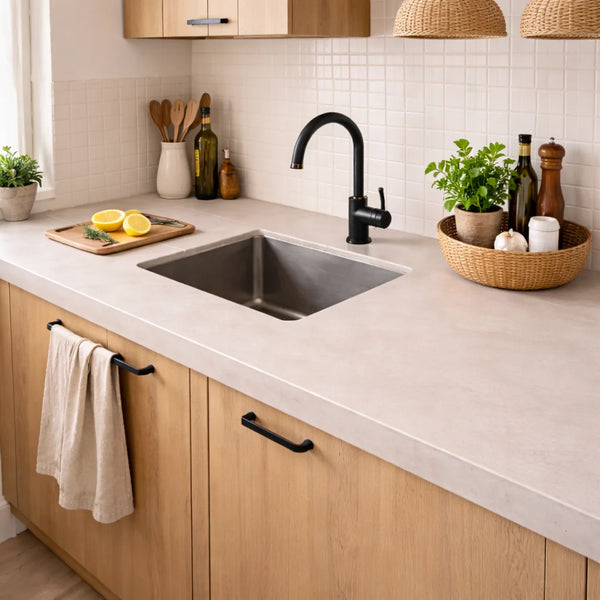 Mujer sosteniendo un cubo de Smart Base, producto incluido en algunos de los kits de microcemento Smartcret.