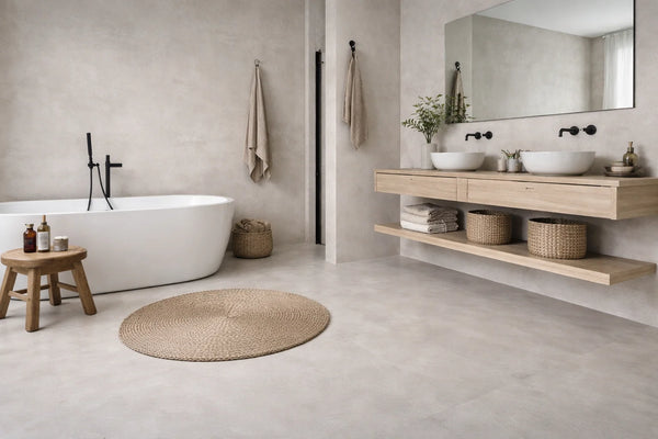 Mujer sosteniendo un cubo de Smart Base, producto incluido en algunos de los kits de microcemento Smartcret.