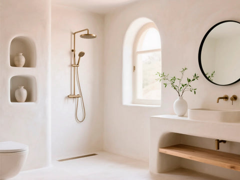 Duschbereich im mediterranen Stil mit Wänden und Duschwanne aus Mikrozement in der Farbe BLANCO ROTO, ausgeführt mit dem gebrauchsfertigen Mikrozement-Set von Smartcret.