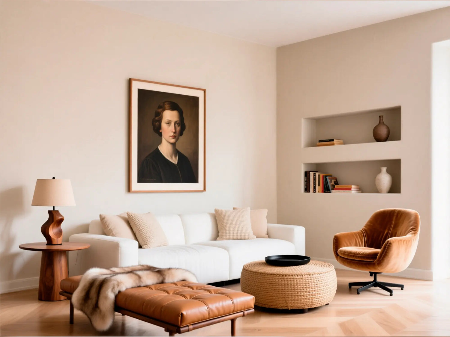 Elegantes, ruhiges Wohnzimmer mit Mikrozement-Wänden in PORCELAIN und Einbauregalen, ausgeführt mit dem gebrauchsfertigen Smartcret Mikrozement-Set.