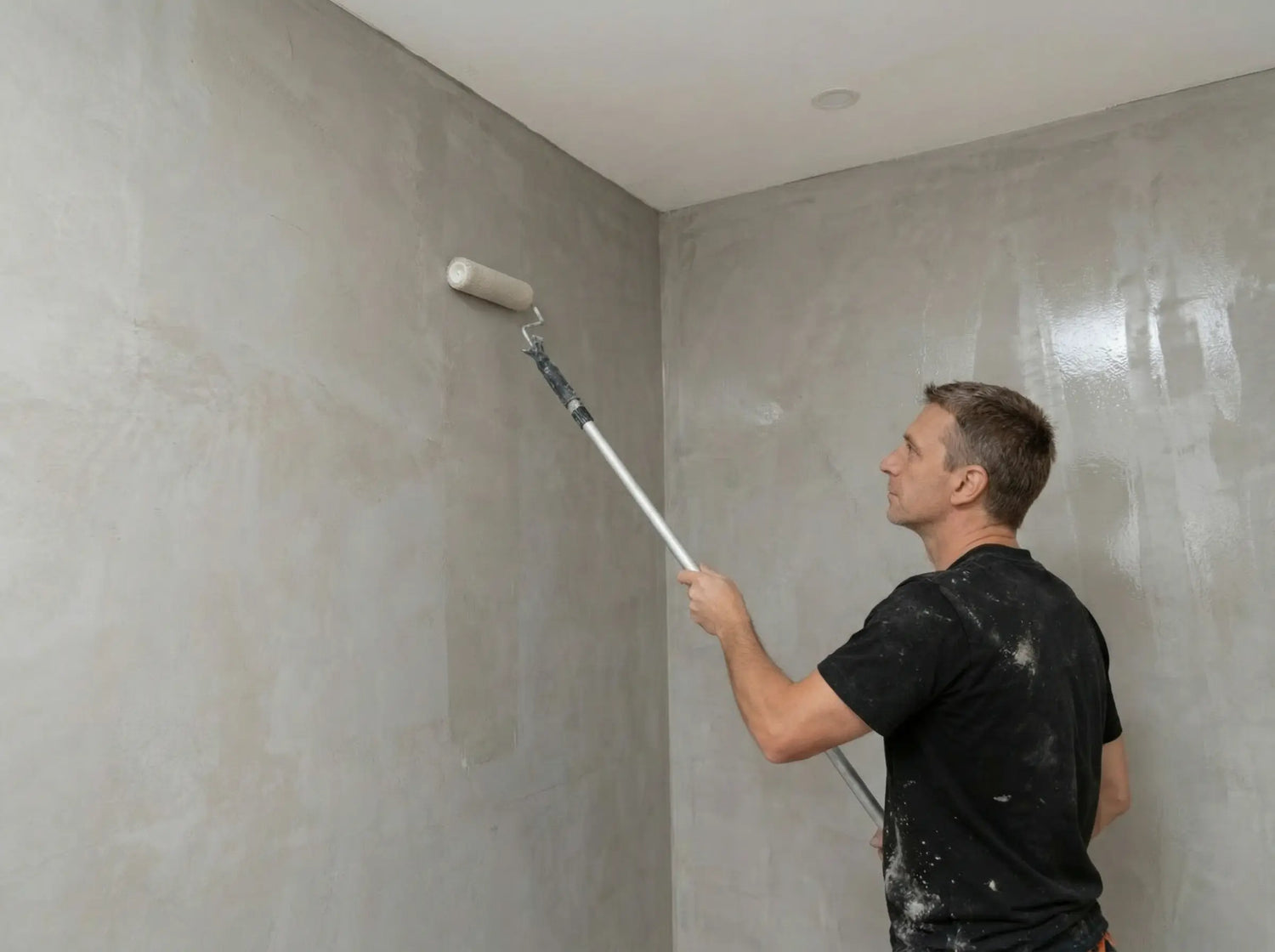 Escena de baño con suelo de microcemento y envases de productos Smartcret expuestos, disponibles en la tienda de microcemento Smartcret.